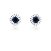 Sterling Silver Genuine Sapphire Corundum and White CZ Micro Pave Square Stud Earrings